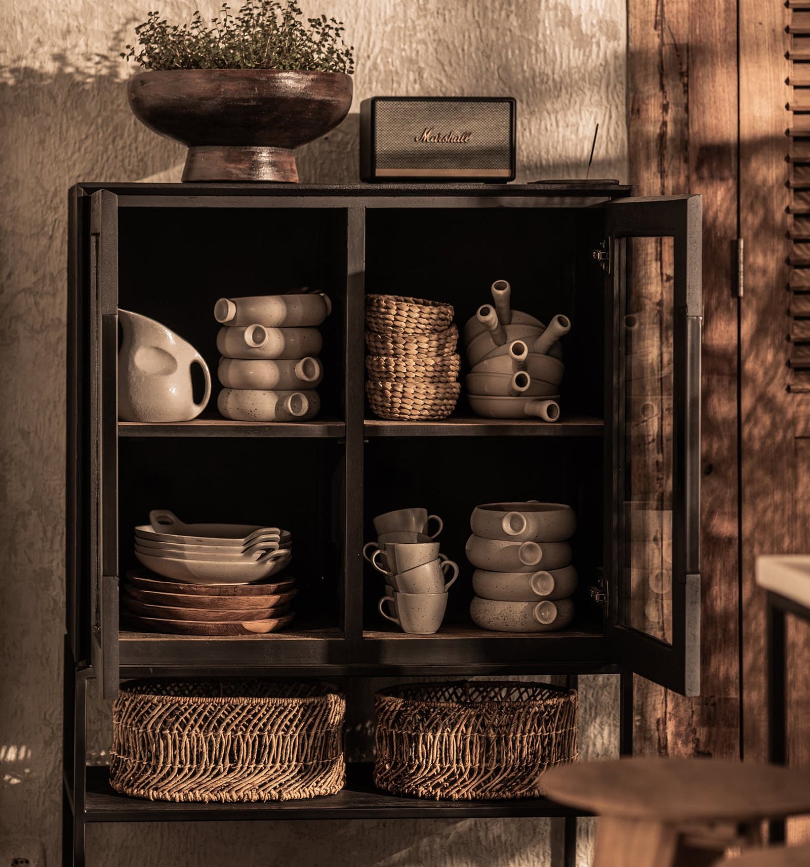Karma Charcoal Cabinet 2 Glass Doors 1 Open Rack